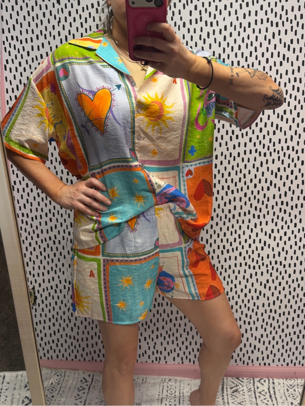 Paper heart cream and multi color Patterned Shirt and short set size small